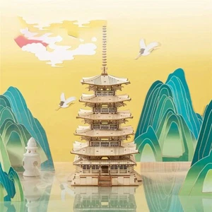 ROBOTIME  3D Wooden Puzzle - 275pcs DIY Five-Storied Pagoda Model Kit - Picture 1 of 9