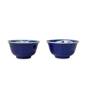 2 x Chinese Porcelain Blue White Fishes Scenery Cup Display Art ws2784 - Picture 1 of 4