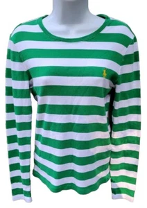 Ralph Lauren L/S 100% Thin Cotton Sz.Lg Ribbed Sweater/Top Green & White Striped - Picture 1 of 9