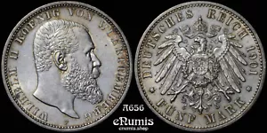 Alemania, Wurttemberg, Guillermo II, 5 marcos 1901, mejor año, tonificado, aUNC - Imagen 1 de 6
