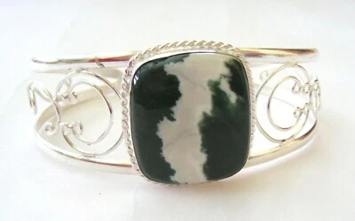 HANDMADE  STERLING SILVER GEMSTONE CUFF BRACELET IN GREEN JASPER   229 Foto 1 de 3