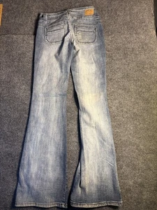 Pantalones de mezclilla hidráulicos acampanados para mujer 1/2 azul elástico desteñido ajuste regular botón mosca - Imagen 1 de 13