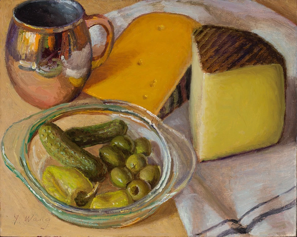 Pintura al óleo original bodegón queso aceitunas comida Y Wang bellas artes cocina 10x8 Foto 1 de 1
