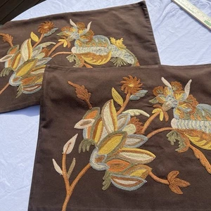 Pottery Barn Embroidered Pillow Covers Set of 2 - 16” x 26” Brown Floral Design - Picture 1 of 12