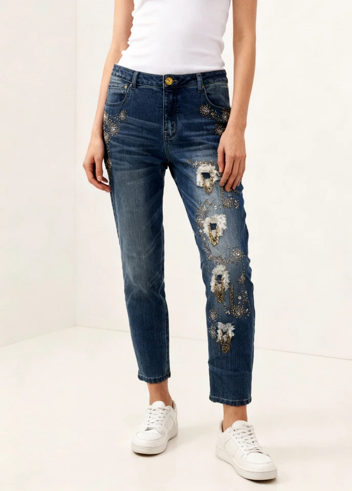 Pantalones de mezclilla ajustados Y2K V Cristina para mujer talla 12 cadenas adornadas estrás desgastados Foto 1 de 4