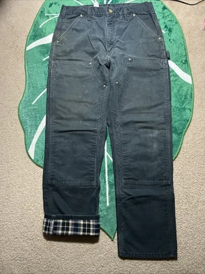 34x32 Faded Black Carhartt Double Knees Flannel Lined Carpenter Pants Heavy Duty - Image 1 of 4