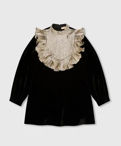 Stella McCartney Kids Black Velvet With Gold Ruffle long-sleeve dress Size 10 - Picture 1 of 6