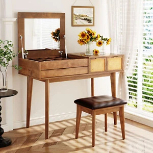 Wooden Makeup Vanity Dressing Table Set W/ Flip-top Mirror +Stool 3Drawers Brown - Picture 1 of 11