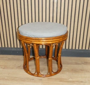 vintage Hocker Bugholz Bambus rund abnehmbares Kissen grau 80er Jahre boho retro - Bild 1 von 9