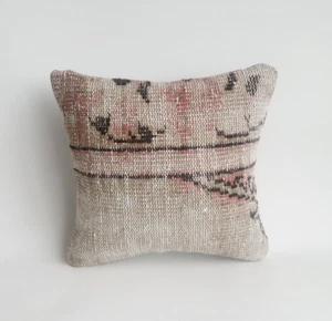 Square Vintage Rug Pillow Cover, Old Faded Wool Carpet Cushion 16x16 in - Picture 1 of 9