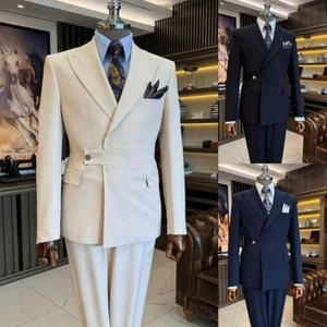Leinen Herren Doppelreihiger Anzug Spitzkragen Jacke mit Gürtel Vintage Hochzeit - Picture 1 of 19