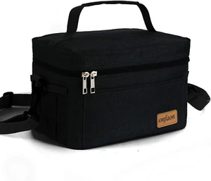 Insulated Reusable Lunch Bag Tote with Adjustable Strap, Leakproof, Black - Picture 1 of 12