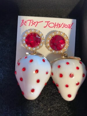 Betsey Johnson Gold Tone White Strawberry Red Crystal Faux Pearl Drop Earrings - Image 1 of 4