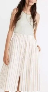 Madewell Midi LINEN BLEND Skirt Palisade Chambray Stripe Button Front S - Picture 1 of 3