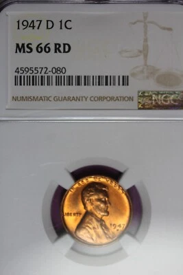 1947 D- NGC MS66 RD LINCOLN WHEAT CENT #B45283 - Image 1 of 2