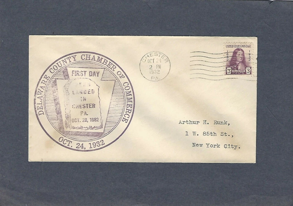 #724 3c WILLIAM PENN FDC-CHESTER,PA OCT OCT 24-1932 - Image 1 of 1