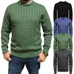 Ex-Store Mens Cable Knit Crew Neck Weave Fisherman Chunky Thick Jumper Pullover - Picture 1 of 5