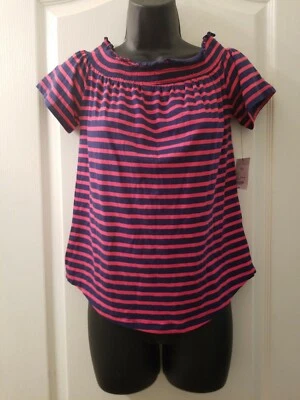Liz Claiborne Top Small Petite Pink Blue Striped Elastic Collar Short Sleeve - Image 1 of 4