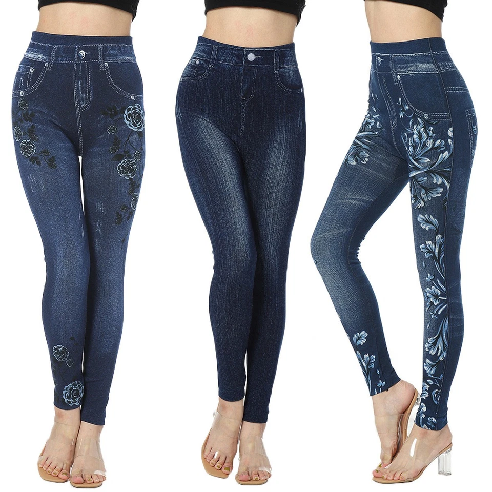 Euro/US High Waist Leggings Faux Denim Print Tummy Control Ankle Pants Plus Size - Image 1 of 4