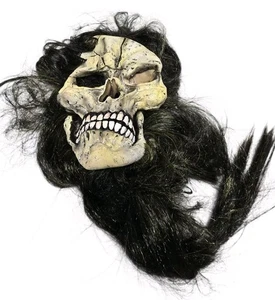 Super Long Hair Skull Skeleton TEETH Halloween Mask Costume Vintage Beard  - Picture 1 of 5