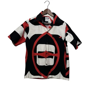 Vintage Keone Hawaii Bark Cloth Button Up Shirt Abstract Black Red size Medium - Image 1 of 4