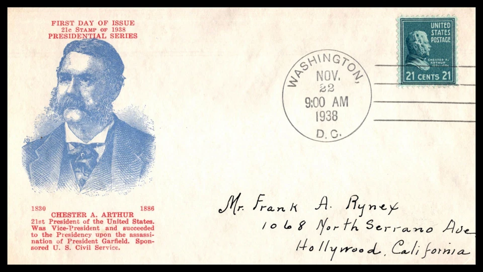 1938 Presidential Series Prexy Sc 826-8 Arthur, with Holland cachet (DH - Image 1 of 1