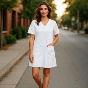 Women Scrub Dress Wrap Short Sleeve V-Neck Casual Dress With Pockets White Small - Picture 1 of 10