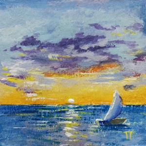 Impresión ACEO Pintura Original Puesta de sol Mar Velero Paisaje Cielo Nube - Imagen 1 de 2