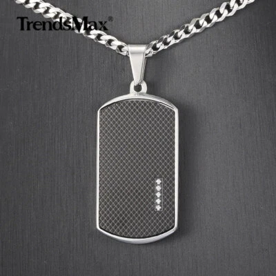 Men's Stainless Steel Black Dog Tag Pendant Necklace with Bling CZ Bead Jewelry - Image 1 of 4