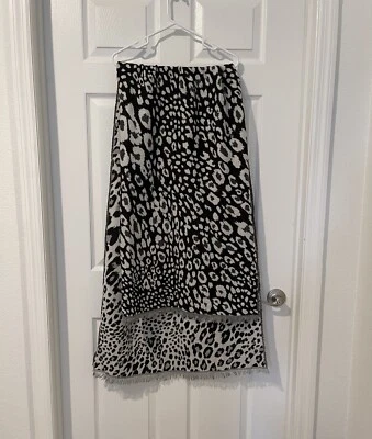 Leopard Print Black & White Soft Reversible Shawl Scarf w/ Fringe Trim 76 x 27 - Image 1 of 4
