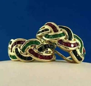 3 Ct Round Lab-Created Red Ruby Emerald Hoop Earrings 14K Yellow Gold Plated - Picture 1 of 2