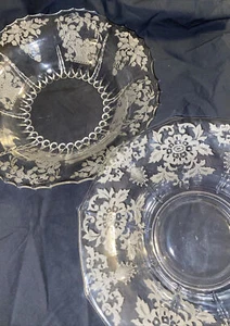 Vintage 2 MARTINSVILLE GLASS RADIANCE ETCHED FLOWER BOWL 12” & SCALLOP BOWL 12" - Picture 1 of 11
