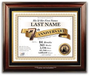 PERSONALIZED HAPPY 7th WEDDING ANNIVERSARY CERTIFICATE - 7 Years PRESENT GIFT - Picture 1 of 2