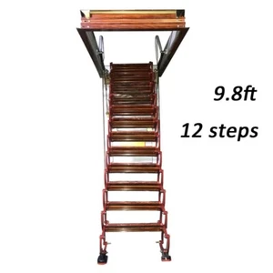 Attic Extension Ladder Telescopic Stairs 12 Step 31.5 x35.4in Opening Wood Grain - Picture 1 of 7