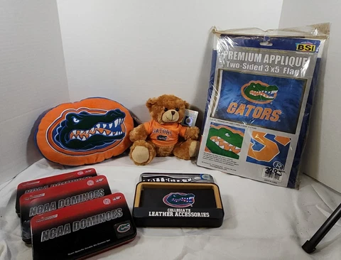 HUGE NEW FLORIDA GATORS, 3 X5 FLAG, LEATHER WALLET, 3 DOMINO'S SETS & PLUSH LOT Cover