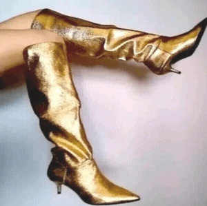 Stivali Zara Bloggers Favorite Oro Metallizzato Elasticizzati Slouch Tacco Gattino Alto Nuovi con etichette 6 - Foto 1 di 16