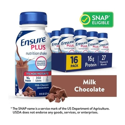 Nutrición de reemplazo de comidas Ensure Plus, chocolate con leche, 16 g de proteína, 8 fl oz, 16 quilates Foto 1 de 4