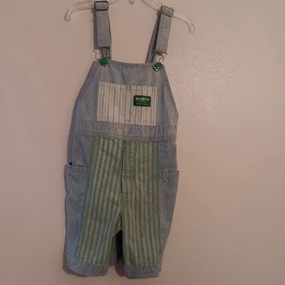 OshKosh B'gosh VTG Kids Denim Overalls Shorts Green Stripe Size 6 Made in USA - Image 1 of 4
