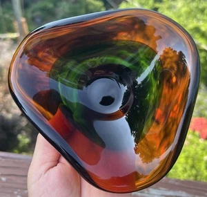 Vintage MCM Murano Seguso Orange & Grün Sommerso 5 3/4" Kunstglas 3-seitige Schüssel - Bild 1 von 14