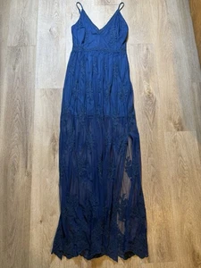 Socialite Long Blue Embroidered Floral Lace Boho Overlay Maxi Dress Side Slit M - Picture 1 of 13