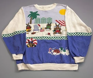 Vintage 80s Christmas Holiday Reindeer Beach Tropical Crewneck Sweatshirt Large - Picture 1 of 11