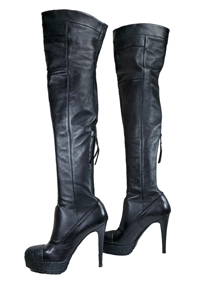 Botas de plataforma Premiata para mujer de cuero negro sobre la rodilla de tacón alto talla 38 Foto 1 de 4