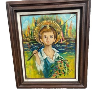1960s 70s Oil Painting Little Boy Farm Field Signed Heston - Picture 1 of 3