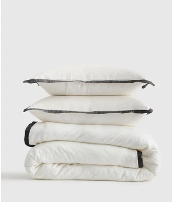 NWOT QUINCE LINEN CONTRAST FLANGE DUVET COVER SET QUEEN FULL WHITE CHARCOAL READ - Image 1 of 4