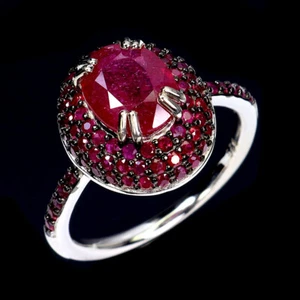 925 Sterling Silver Ring Oval Ruby Round Ruby Myanmar Gemstone Jewelry Size 7.5 - Picture 1 of 13