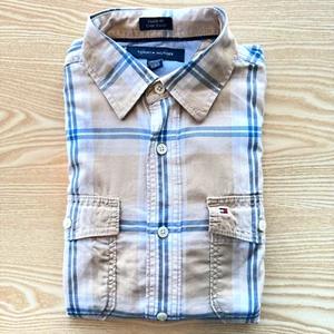 Tommy Hilfiger XS Shirt Mens Brown Blue 21" Pit-to-Pit Designer Fashion Check - Picture 1 of 10