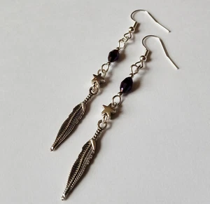 Silver Plate Purple Ab Crystal Star Feather Dangling Dangly Earrings - Picture 1 of 1