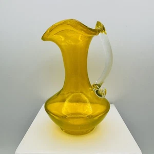 Hand Blown Yellow Glass Pitcher with Crimped Rim Applied Handle 5” Vintage - Picture 1 of 5