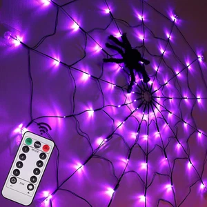 Halloween Decorations Spider Web Lights - 4FT Diameter 70 LED with Black Spider, - Picture 1 of 12