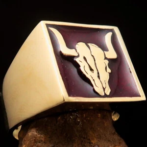 STUNNING SQUARE MENS BRASS BIKER RING HORNED BULL SKULL RED SIZE 10.5 - Picture 1 of 6